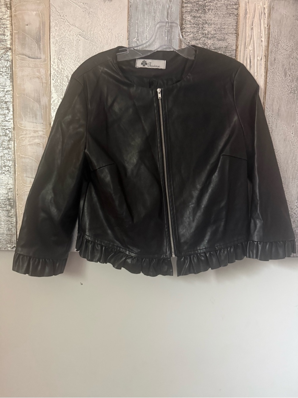 Sonoma Black Ruffle-Hem Faux Leather Jacket 17.5 p2p